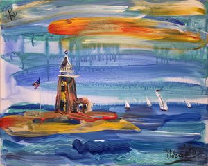 Paysage marin avec un phare coloré - Kanat Ibragimov