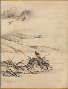 Fleurs et oiseaux dans un paysage printanier - Kano Motonobu