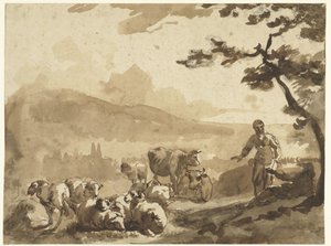 Paysage de montagne avec des bergers et leurs troupeaux de moutons et de vaches - Karel Du Jardin