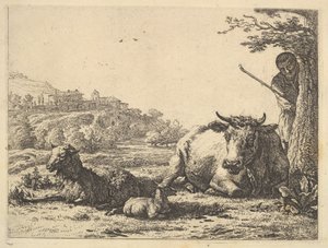 Vache, mouton adulte et jeunes moutons couchés dans l
