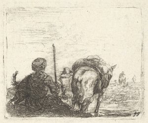 Cheval de bât, homme assis avec un bâton dans la main droite, et chien, tous vus de dos..., vers 1641-78 - Karel Du Jardin