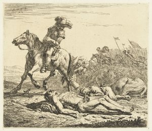 Champ de bataille avec soldat à cheval et deux morts