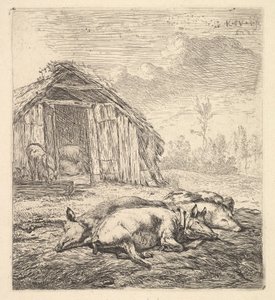 Trois cochons couchés sur le côté, une porcherie et une auge au-delà, 1652