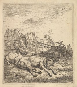 Deux chiens dormant sur le sol, une charrue, des équipements agricoles, des bottes de paille, et un..., vers 1641-78
