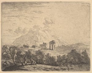 Vue de la colline avec des ruines, un aqueduc et un éperon rocheux au-delà, au premier plan un m..., 1658 - Karel Du Jardin
