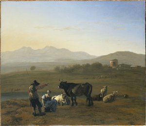 Un paysage étendu dans la campagne romaine, avec du bétail et des bergers, 1975