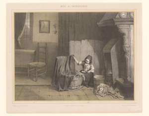 Intérieur avec une fille près du berceau - Karel Frederik Bombled