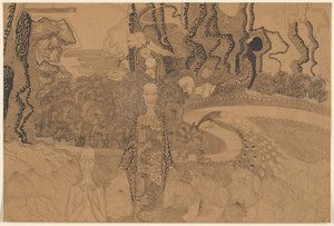 Représentation allégorique avec des figures et un paon dans un jardin - Karel de Nerée tot Babberich (signed by artist)