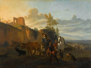 Paysage italien avec des soldats - Karel du Jardin (copy after)