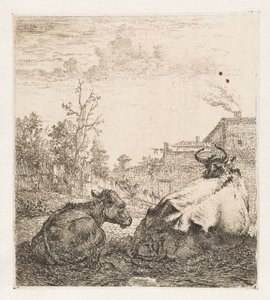 Vache couchée avec veau (Animaux) - Karel du Jardin (signed by artist)