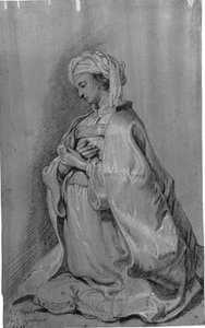 Figure agenouillée sur un coussin avec turban. Tournée vers la gauche. Mains croisées sur la poitrine.