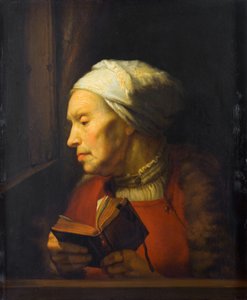 Portrait de vieille femme, tenant un livre ouvert