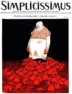 La couverture du magazine allemand Simplicissimus (circa ) représente Churchill et une rivière de sang et de crânes. c.1940 (lithographie)