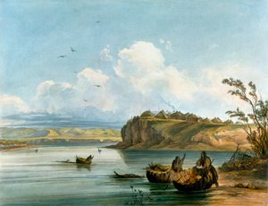 Femmes amérindiennes Mandan traversant le fleuve Missouri sur des bateaux en peau de buffle, Civilisation amérindienne, États-Unis - Karl Bodmer
