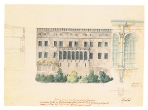 Un design pour un nouvel escalier pour la façade nord du Schloss à Stettin, avec une étude subsidiaire de la loggia, une coupe transversale de la façade et un pilastre engagé