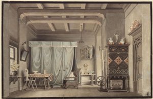 Faust. Drame de Johann Wolfgang von Goethe. Projet pour un décor. La chambre de Gretchen - Karl Friedrich Schinkel