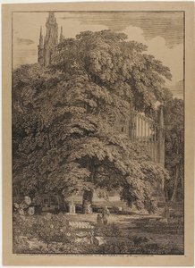 Église gothique derrière un bosquet de chênes avec des tombes - Karl Friedrich Schinkel