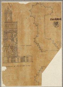 Kathedrale von Reims. Teilansicht der Westfassade und Grundriss