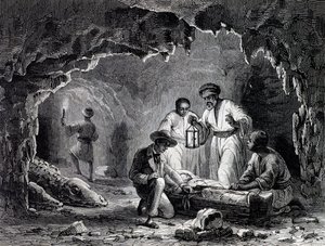 Découvertes archéologiques dans les grottes de Samoun, gravure d
