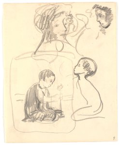 Deux esquisses pour "Garçon plantant" ("Hoppat"), en haut deux têtes de femme