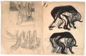 T.v : deux esquisses de composition avec une personne courbée sous un animal ressemblant à un ours. T.h. : deux esquisses de composition avec plusieurs figures - Karl Isakson