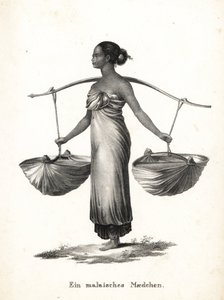 Fille malaise avec cheveux attachés portant des baskets sur un joug. Lithographie de Karl Joseph Brodtmann de l