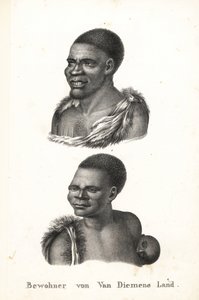 Natifs de Tasmanie, Terre de Van Diemen. Grou Aagara, homme avec scarifications sur la poitrine et cape en peau d