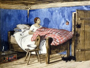 Chat rendant visite à une femme dans sa chambre, début du 20ème siècle (illustration) - Karl L. H. Müller