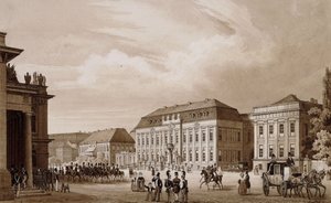 Unter den Linden, Berlin. Vue de la Neue Wache vers le Kronprinzenpalais avec le Prinzessinenpalais à droite et la Kommandatur à gauche