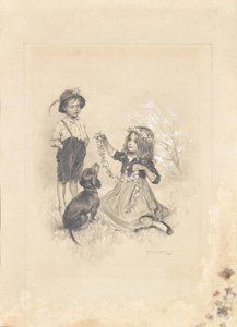 Deux enfants jouant dans une prairie avec des fleurs et un teckel - Karl Ludwig Prinz