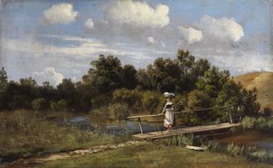Paysage estival avec une blanchisseuse sur un pont