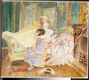 Rendez-vous : baiser entre un homme noir et une femme blanche de la noblesse russe - Illustration pour le roman "Le Nègre de Pierre le Grand" de Alexandre Pouchkine