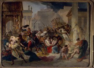 Sac de Rome en 455 : Genseric (ou Geiseric) (vers 399-477) et les Vandales envahissent Rome. Ils pillent la ville et emportent la Menorah. Peinture de Karl Pavlovich Briullov (Brioullov) (1799-1852)