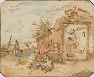 Idylle rurale, ferme avec chèvres, chien, cheval au puits - Karl Pischinger