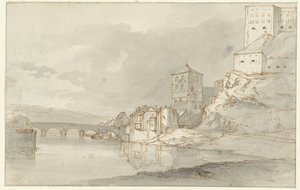 Vue de rivière avec pont en arc et fortifications sur la rive droite