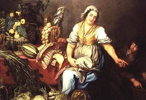 Nature morte de cuisine avec fruits, légumes et une fille tenant un poulet - Kasper or Gaspar van den Hoecke