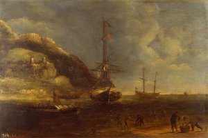 Vue côtière avec des navires et des pêcheurs au premier plan - Kasper van Eyck