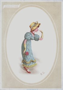 Fille en robe bleue, avec un bonnet de paille, tenant une rose - Kate (after) Greenaway