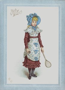 Fille en robe et bonnet, tenant un volant et une raquette - Kate (after) Greenaway