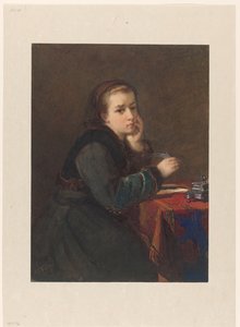Fille, assise écrivant à une table