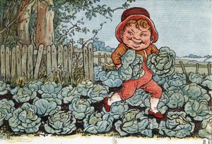 Un gnome vole des choux dans un potager. Illustration de Kate Greenaway (1846-1901) du livre de contes et comptines pour enfants « Under The Window » (1879), édité par Edmund Evans