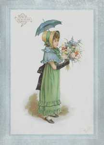 Fille en robe verte, tenant un parasol et un bouquet de fleurs - Kate Greenaway