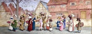 Procession de seize enfants portant des fleurs - Kate Greenaway