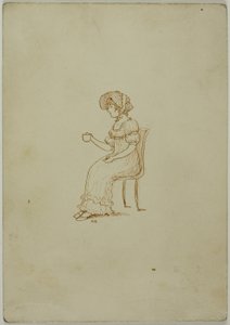 Fille assise tenant une tasse de thé - Kate Greenaway