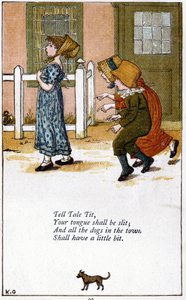 Tell tale tit / Ta langue sera fendue : Illustration de Kate Greenaway (1846-1901) pour un livre de comptines. Chromolithographie - Kate Greenaway