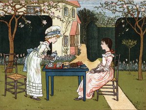 Moment de la journée : deux jeunes filles dégustant dans un jardin. Illustration de Kate Greenaway (1846-1901) du livre de contes et comptines pour enfants "Under The Window" (1879), édité par Edmund Evans. - Kate Greenaway