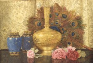 Présents Orientaux: Vase Cloisonné, Plumes de Paon, Roses de Damas et Vase Indien - Kate Hayllar