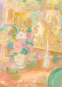 Peinture impressionniste représentant des fleurs et une bougie