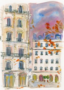 Un coin de rue à Paris sous un ciel violet