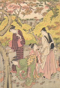 Un jeune homme, deux jeunes femmes et une fille à un pique-nique, vers 1789 - Katsukawa Shuncho